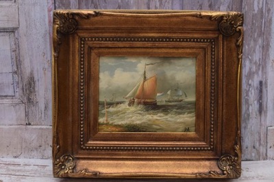 Marynistyka - Statki na Morzu - Obraz Olejny - Złota Rama 47x42