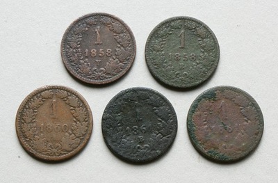 AUSTRO-WĘGRY 1 KRAJCAR 1858 V, 1858 B, 1860 A, 1861 A, 1861 B ZESTAW 5 SZT.