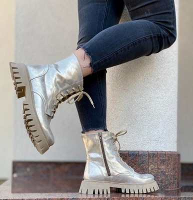 Botki sznurowane WORKERY For-But Złote przecierane