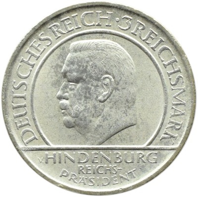 NIEMCY - 3 MARKI 1929 A - Berlin, PRZYSIĘGA HINDENBURGA - UNC