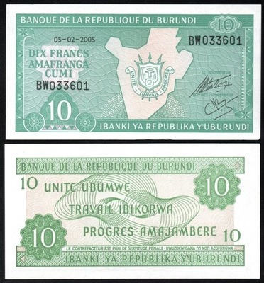 $ Burundi 10 FRANCS P-33e UNC 2005