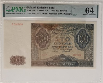 100 Złotych 1941 Seria A . PMG 64