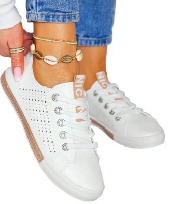 Białe Ażurowe Trampki Buty Sportowe Ze Skóry Cindy Gold 38
