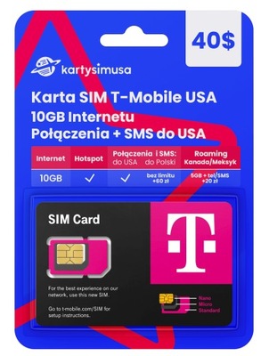 Karta SIM T-Mobile USA 40$ 10GB+rozmowy/sms do USA