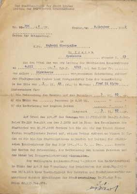 RACHUNEK ZA ODKAŻANIE – KRAKÓW – 1942