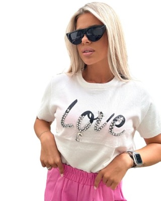 T-shirt biały z ozdobą Love