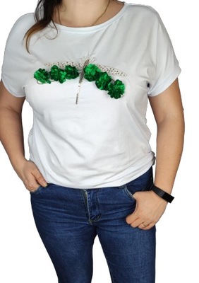 Bluzka Megi z ważką damska biała, bawełniana, zieleń L/XL