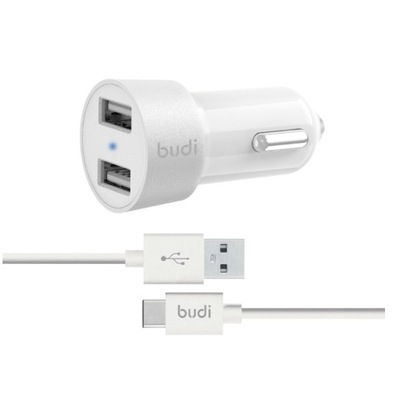 Budi Budi - Ładowarka samochodowa 2x USB, 24W + kabel USB-C 1,2 m (Biały)