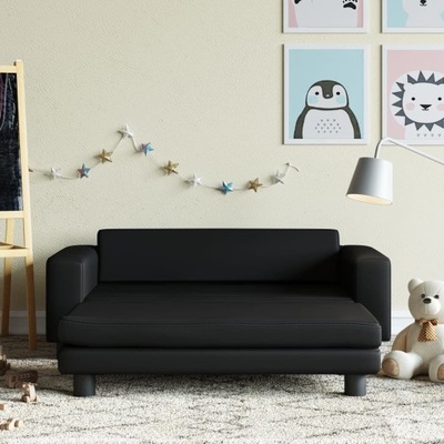 Sofa dziecięca z podnóżkiem, czarna, 100x50x30 cm, ekoskóra