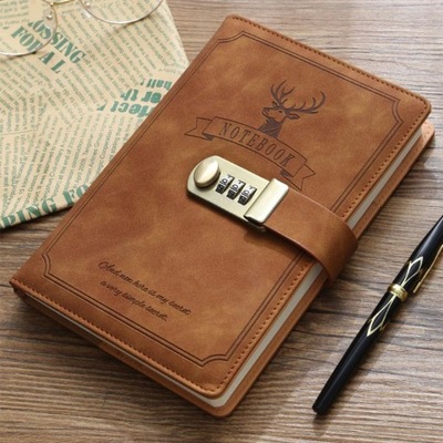 NOTATNIK PAMIĘTNIK NOTES SKÓRZANY ZESZYT VINTAGE A5 Z ZAMKIEM NA SZYFR KOD