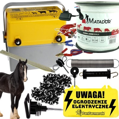 PASTUCH elektryczny KOMPLETNY ZESTAW DLA KONIA Z TAŚMĄ 20MM ELEKTRYZATOR