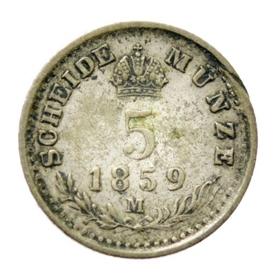AUSTRIA, FRANC I 5 KRAJCARÓW 1859 MEDIOLAN