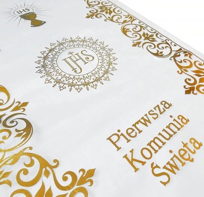 ORGANZA KOMUNIJNA komunia dekoracja stołu na stół bieżnik na komunię złoty