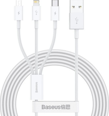 Kabel USB Baseus USB-A - USB-C + microUSB + Lightning 1.5 m Biały