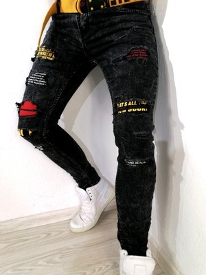 Spodnie męskie jeans ciemne naszywki Pas Gratis 30