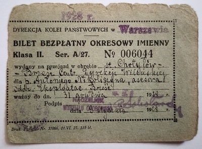 POLSKA II RP PKP Bilet Okresowy Bezpłatny 1928 r.