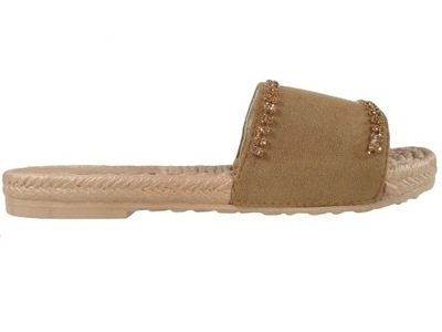Brązowe camel klapki z cyrkoniami płaskie buty 38
