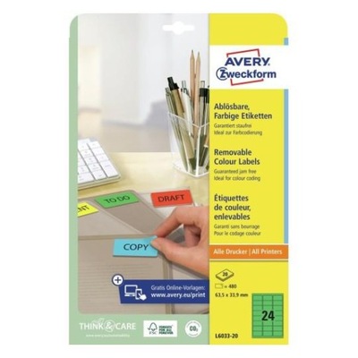 Etykiety usuwalne kolorowe Avery 20xA4 63,5x33,9mm