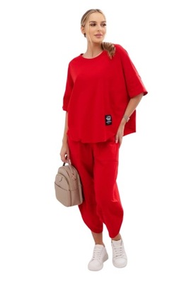 Komplet Bawełniany Damski Spodnie i Bluzka Lato Czerwony S M L Oversize
