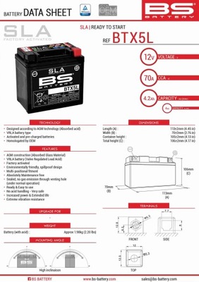 BS АККУМУЛЯТОР SLA BTX5L / BTZ6S (FA) (YTX5L-BS) 12V 5.3 AH 113X70X106 BEZOB