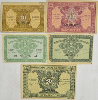 1.aj.Zest.Indochiny Fran., Banknoty 1942 szt.5