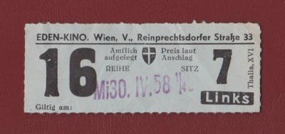Stary bilet do kina Kino Eden Wien Wiedeń 1958 r.