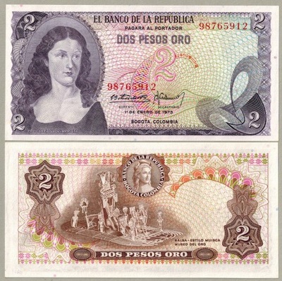 Kolumbia 2 Pesos Oro 1973 P-413a.3 UNC