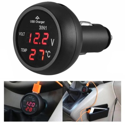 3 In 1 Car Voltage Meter USB Charger Temperat