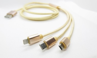 Kabel USB 3 końce USB-C,microUSB,Lighting ZŁOTY