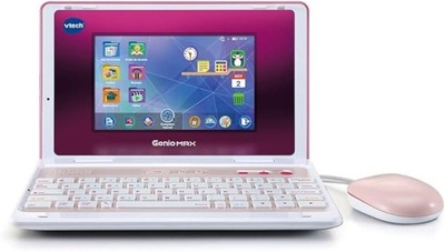 Laptop w kolorze różowym, dziecięcy, wspomaga naukę języka francuskiego