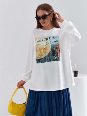 Bluza oversize casual z nadrukiem biała L 40