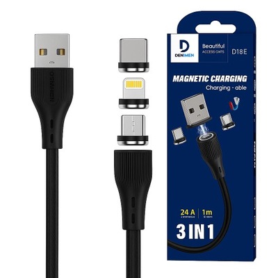 KABEL MAGNETYCZNY 3W1 USB TYP C / MICRO USB/ Lightning 1m DENMEN D18E