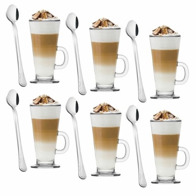 Wysokie SZKLANKI DO LATTE 6x250ml + łyżeczki długie ZESTAW Caffee Latte