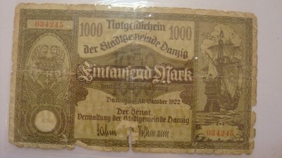 Banknot 1000 marek Gdańsk WMG 1922 stan 5