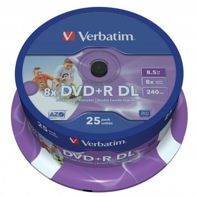 Verbatim DVD+R DL, Double Layer Wide Inkjet Printable, 43667, 8.5GB, 8x, sp