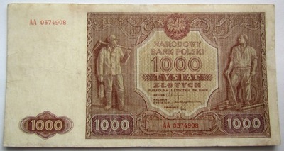 POLSKA 1000 zł 1946, seria AA, RZADKI, stan 3-