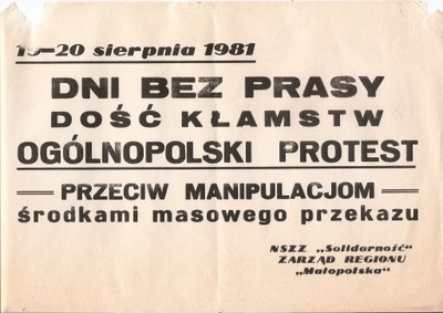 SOLIDARNOŚĆ -AFISZ -ULOTKA -DNI BEZ PRASY -VIII 1981 ROK -PROTEST