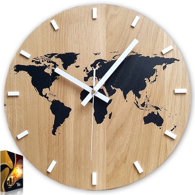 DUŻY ZEGAR ŚCIENNY DĄB World Mapa Świata CICHA