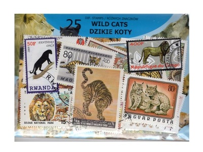 Pakiet 25 znaczków pocztowych - DZIKIE KOTY
