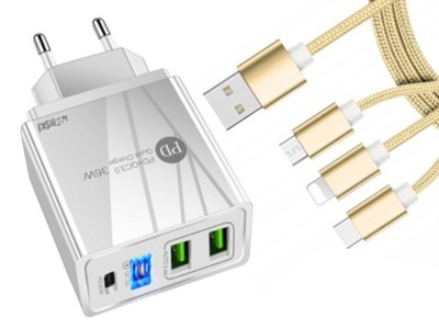 Mocna Ładowarka Sieciowa QC 3.0 4xUSB +Kabel 3w1