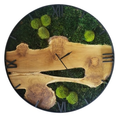 Zegar metalowy z plastrem drewna, zegar drewniany z mchem
