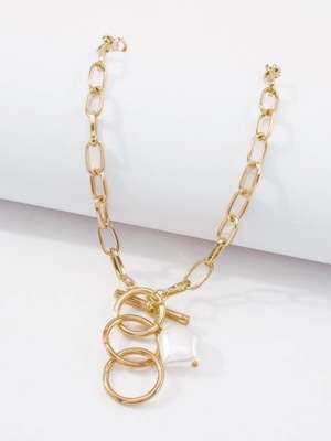Naszyjnik złoty łańcuch z obręczami kołami perłą