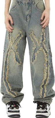AELFRIC EDEN Jeansy spodnie jeansowe wysokie stan szerokie haft krzyże 32