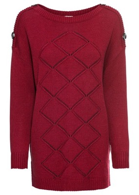 3B5H22 BONPRIX SWETER Z GUZIKAMI NA RAMIONACH BORDOWY 32/34