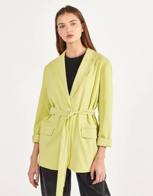 BERSHKA LIMONKOWY BLEZER WIĄZANIE (XS)