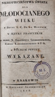 Niebespieczeństwa świata dla młodocianego wieku 1826