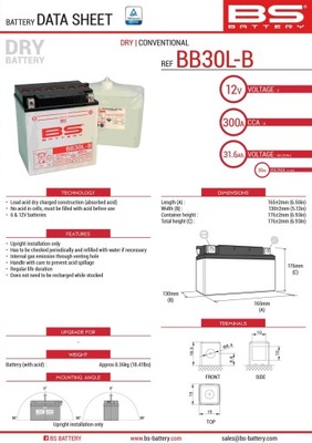 BS АККУМУЛЯТОР BB30L-B (YB30L-B) 12V 30AH 168X132X176 OBSŁUGOWY - ELEKTROLIT