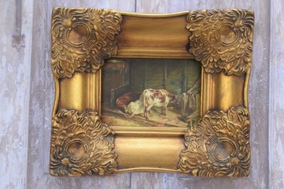 Typická scéna - Kravy Hovädzí dobytok vo dvore - Olejomaľba - Zlatý rám