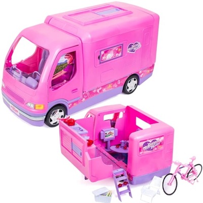 Kamper duży otwierany camper auto dla lalek zestaw z rowerem