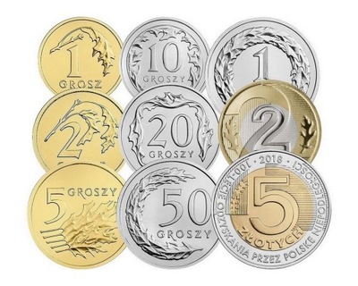 Komplet monet obiegowych i 5 zł 2018 UNC 9 sztuk